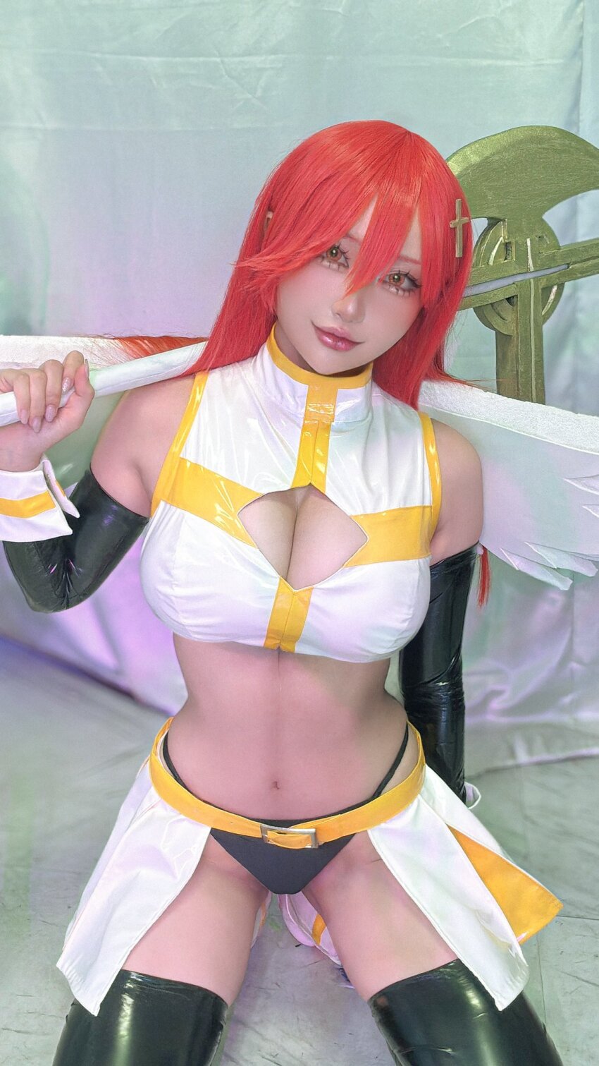 bare_shoulders chamomile_(cosplayer) cleavage_cutout clothing_cutout cosplay cosplay_photo highres long_hair makeup navel photo_(medium) red_hair tagme thong