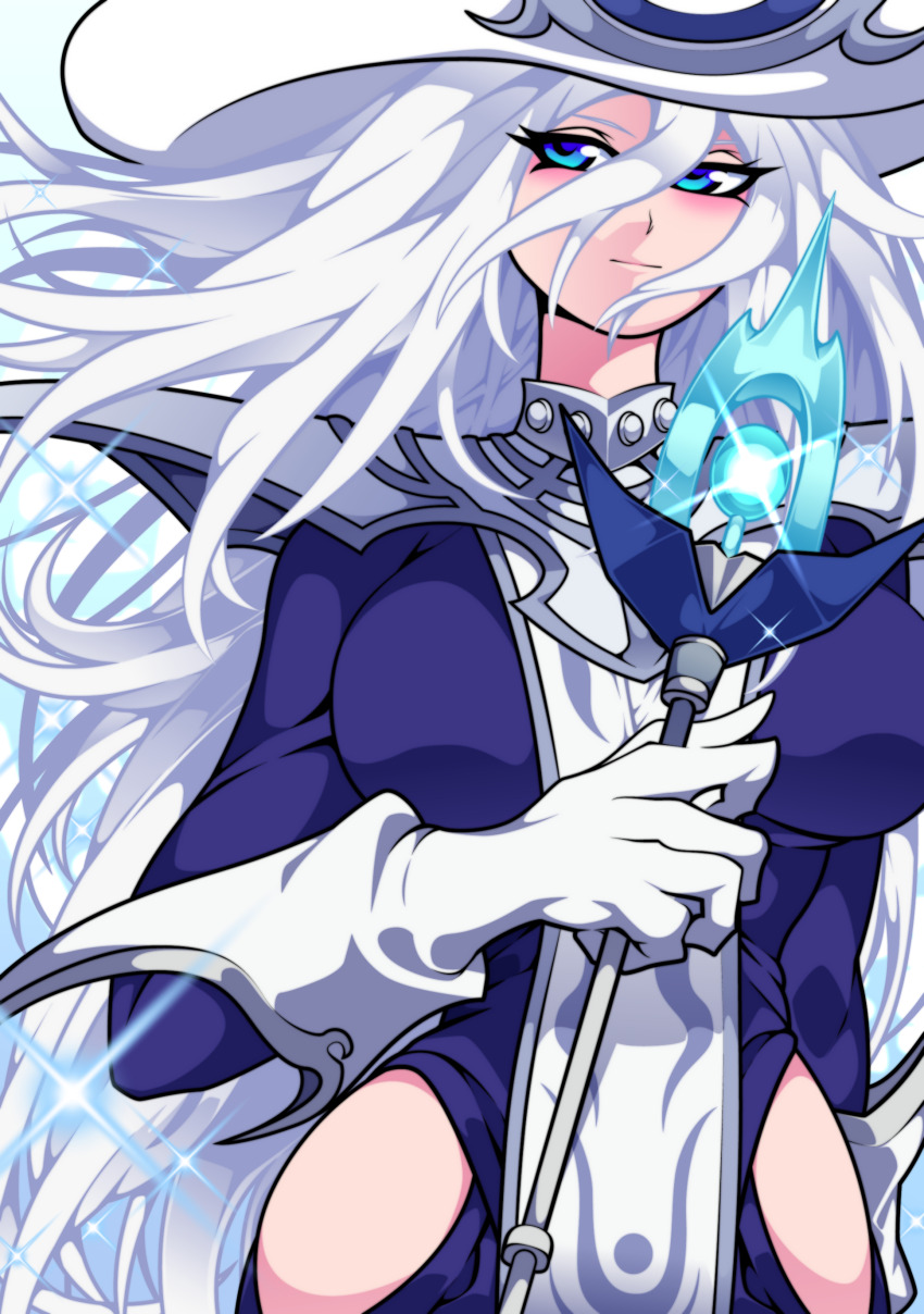 1girl absurdres aqua_marine_(aqua000marine) bad_id bad_pixiv_id blue_dress blue_eyes breasts dress duel_monster gloves grey_hair hat highres hip_vent holding holding_staff large_breasts long_hair silent_magician sparkle staff tabard white_gloves white_hat white_tabard wizard_hat yu-gi-oh!