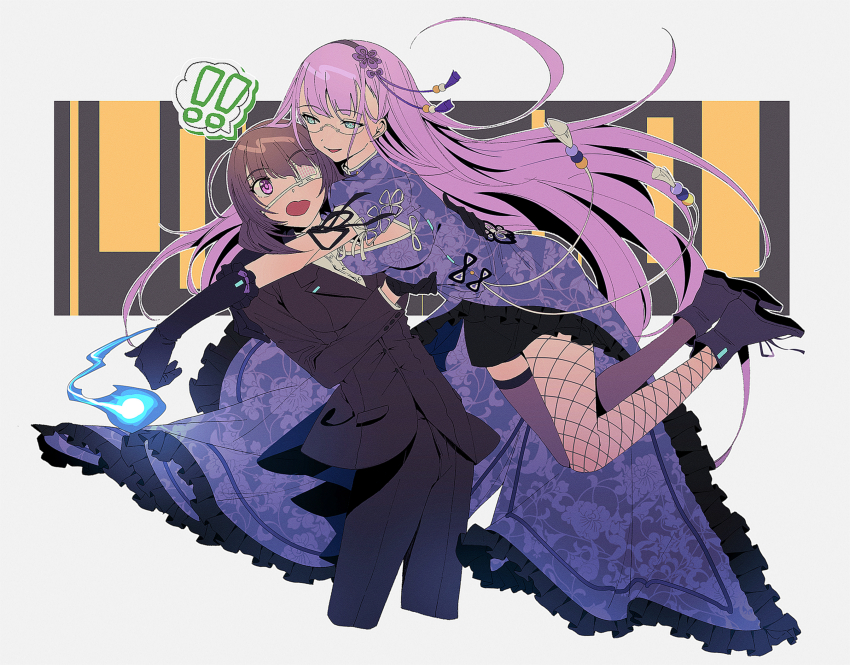 2girls black_gloves black_jacket blazer breasts brown_hair china_dress chinese_clothes dress eyepatch fishnets glasses gloves green_eyes heaven_burns_red highres higuchi_seika hiiragi_kozue jacket kjhg1108 long_sleeves multiple_girls one_eye_covered purple_dress purple_eyes purple_hair shirt white_shirt yuri