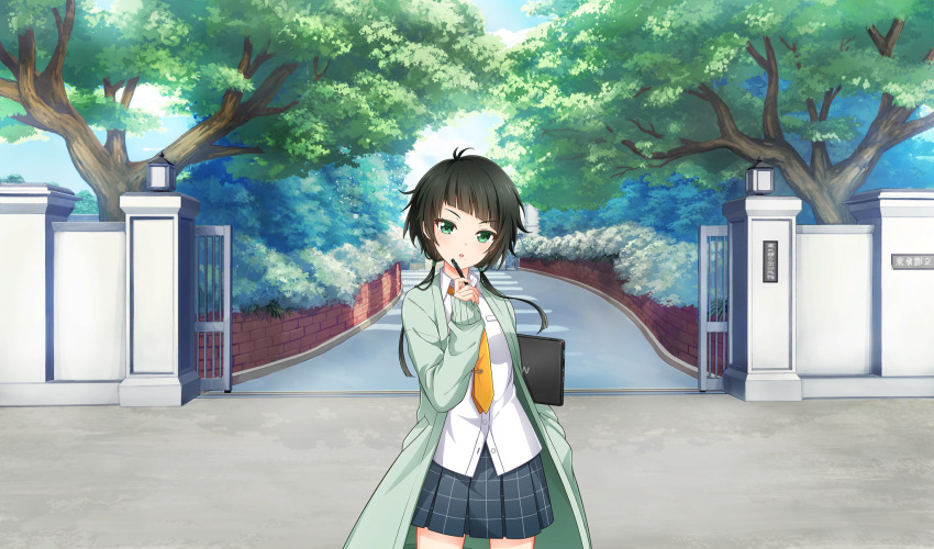 1girl black_hair cinderella_series coat collared_shirt computer diagonal_bangs game_cg green_coat green_eyes grey_skirt hachigatsu_no_cinderella_nine highres holding holding_laptop holding_pen laptop lihua_lin long_hair long_sleeves looking_at_viewer low_twintails mole mole_under_mouth necktie non-web_source official_art outdoors parted_lips pen plaid_clothes plaid_skirt pleated_skirt school_gateway school_uniform shirt skirt solo standing tree twintails white_shirt yellow_necktie