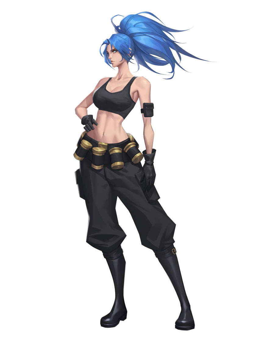 1girl absurdres armlet bare_shoulders belt black_gloves black_tank_top blue_eyes blue_hair boots breasts cargo_pants earrings full_body gas_can gloves hand_on_own_hip highres jewelry kinglee leona_heidern looking_at_viewer medium_breasts midriff navel pants ponytail pouch simple_background sleeveless snk solo tank_top the_king_of_fighters the_king_of_fighters_xiii triangle_earrings white_background