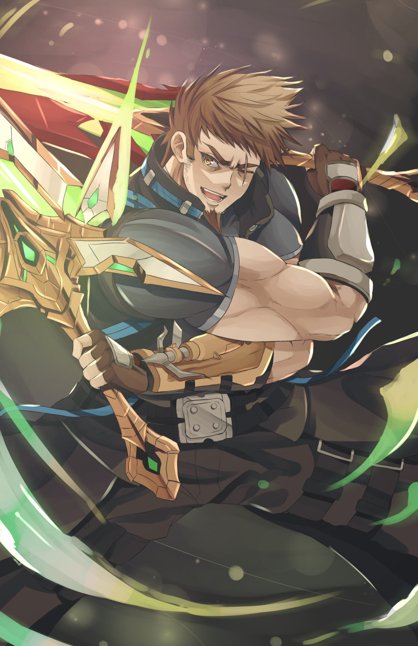 1boy absurdres beard_stubble belt black_jacket black_pants brown_gloves brown_hair dual_wielding facial_hair fingerless_gloves gloves goatee grey_shirt highres holding jacket looking_to_the_side male_focus muscular muscular_male one_eye_closed open_mouth pants rex_(xenoblade) scar scar_across_eye sean_sorey shirt short_hair skin_tight sleeveless sleeveless_jacket smile solo stubble v-shaped_eyebrows xenoblade_chronicles_(series) xenoblade_chronicles_3