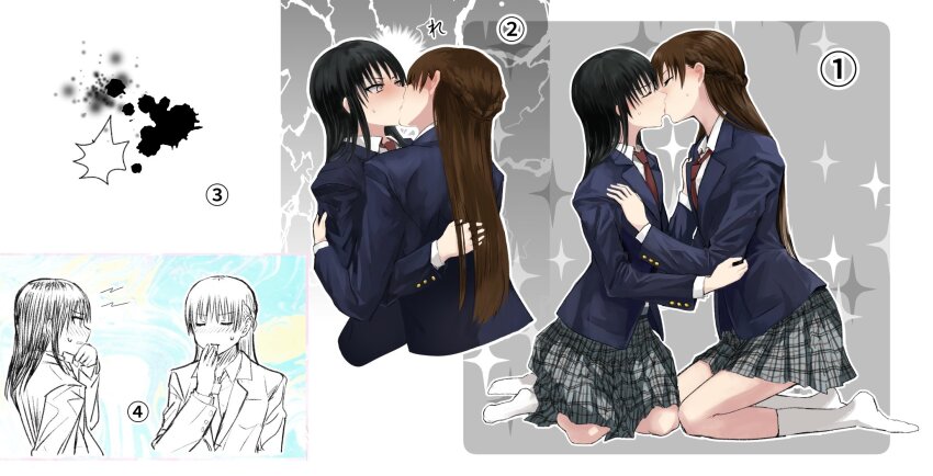 2girls black_hair blue_jacket blush brown_hair closed_eyes closed_mouth collared_shirt commentary_request grey_skirt half_up_braid hand_in_another&#039;s_hair hand_on_another&#039;s_back hand_on_another&#039;s_shoulder highres jacket kiss kneeling long_hair long_sleeves lr6fko4upypf9hv miyagi_shiori multiple_girls necktie plaid_clothes pleated_skirt red_necktie sendai_hazuki shirt shuuniichido_classmate_wo_kau_hanashi skirt socks sparkle sweatdrop white_shirt white_socks yuri