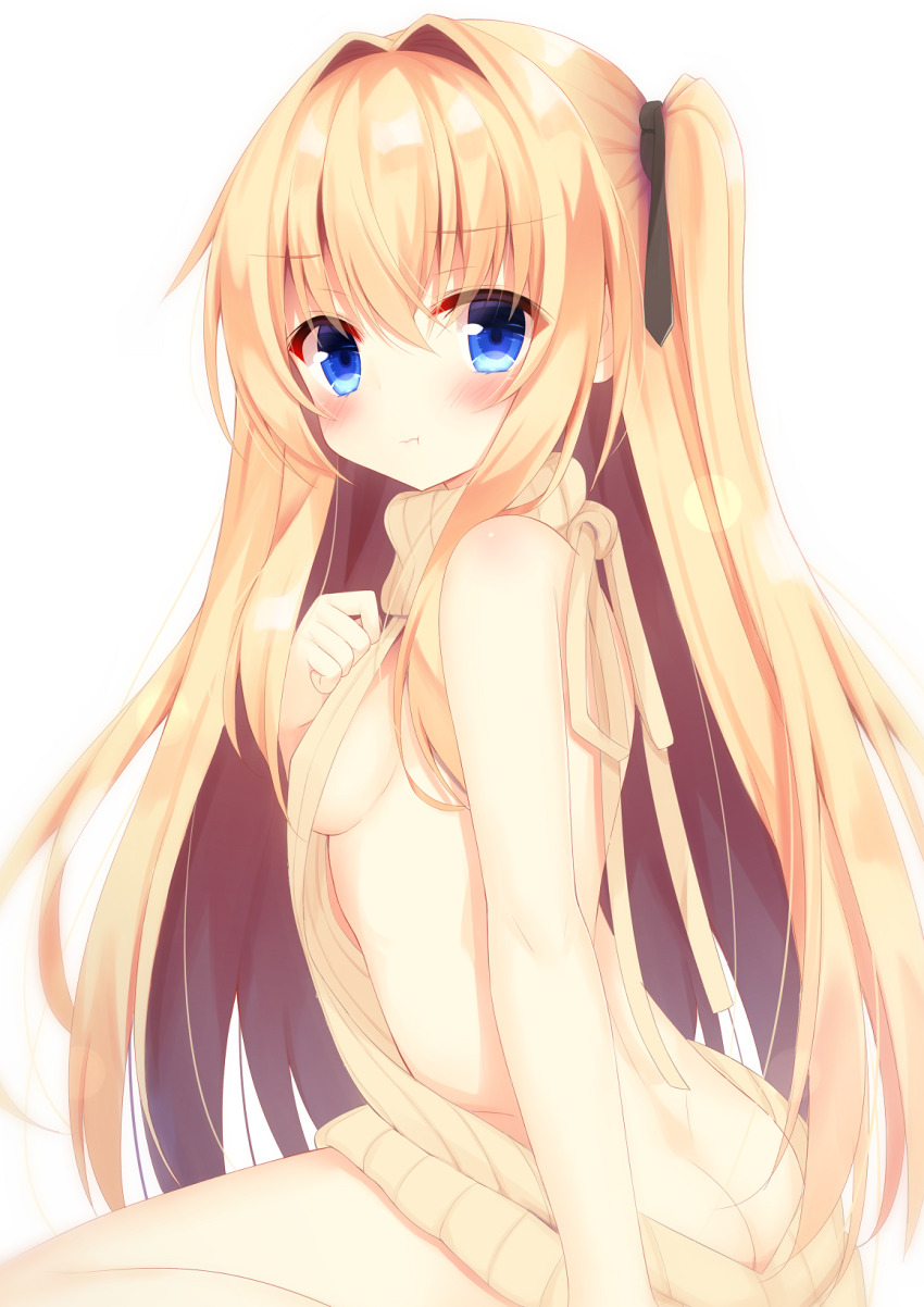 1girl ass backless_outfit bare_arms bare_back bare_shoulders blonde_hair blue_eyes blush breasts butt_crack cheek_blush closed_mouth dress hair_between_eyes hair_intakes halterneck hand_on_own_chest highres hiragana_iroiro long_hair looking_at_viewer looking_to_the_side meme_attire naked_sweater no_bra no_panties original short_hair sideboob simple_background sitting sleeveless sleeveless_sweater small_boobs solo sweater sweater_dress turtleneck turtleneck_sweater twintails very_long_hair virgin_killer_sweater white_background yellow_sweater