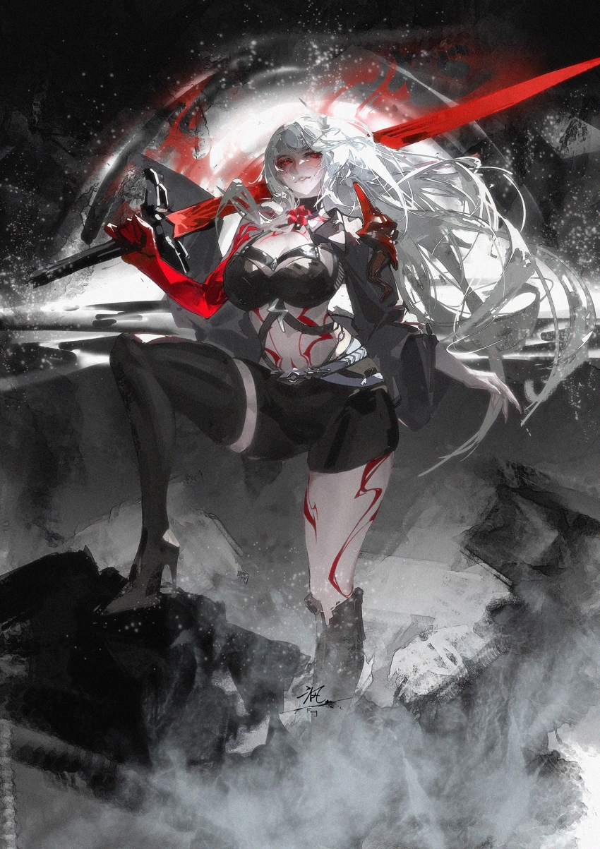 1girl acheron_(honkai:_star_rail) arm_out_of_sleeve belt black_hole body_markings boots breasts claymore_(sword) colored_extremities cropped_jacket floating_hair full_body greyscale highres honkai:_star_rail honkai_(series) huabuwandefeng jacket knee_boots large_breasts light_particles long_hair looking_to_the_side midriff monochrome navel open_clothes open_jacket over_shoulder red_eyes red_hands shorts signature single_knee_boot single_thigh_boot solo spot_color thigh_boots very_long_hair weapon weapon_over_shoulder