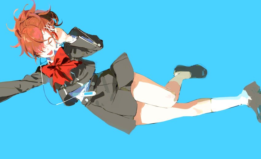 1girl aqua_background arm_up black_jacket black_shoes black_skirt bow bowtie closed_eyes digital_media_player earphones gekkoukan_high_school_uniform hair_ornament hair_over_one_eye hairclip highres jacket long_sleeves natwjeq open_mouth persona persona_3 persona_3_portable ponytail red_bow red_bowtie school_uniform shiomi_kotone shirt shoes simple_background skirt socks solo white_shirt white_socks