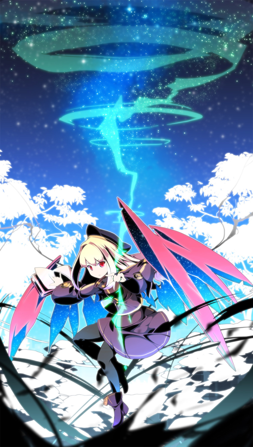 asakura_masatoki atlus blonde_hair book etrian_odyssey glowing highres red_eyes sekaiju_no_meikyuu sekaiju_no_meikyuu_3 solo tree wind wings zodiac_(sekaiju) zodiac_4_(sekaiju)