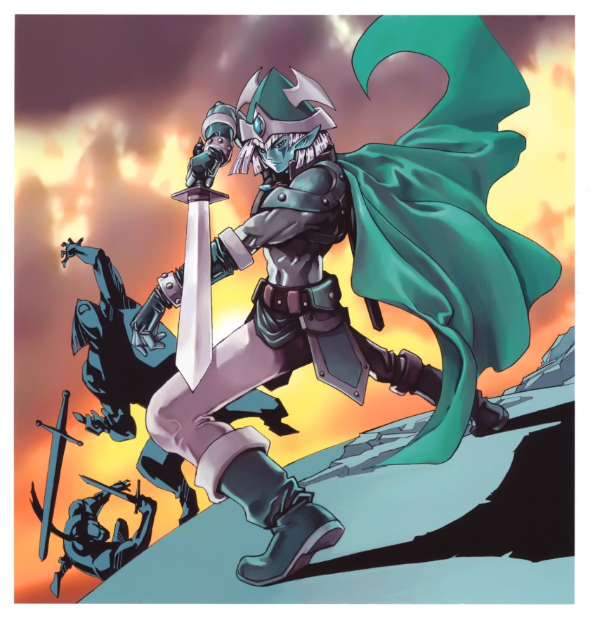 absurdres boots cape celtic_guardian duel_monster elf green_theme helmet highres male_focus pointy_ears sword takahashi_kazuki weapon yu-gi-oh!