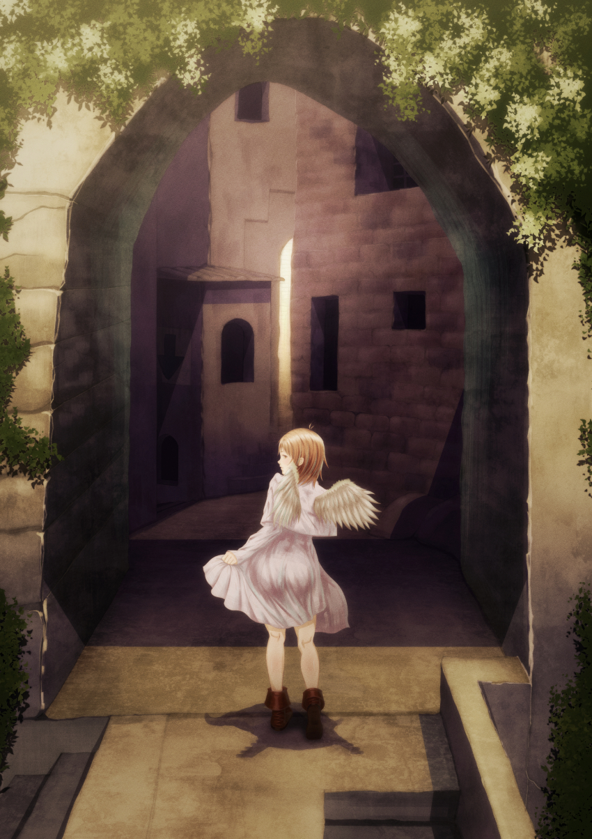 1girl absurdres arch brown_eyes brown_hair commentary_request dress fantasy female_focus haibane_renmei highres kawamranciel looking_back md5_mismatch original outdoors resolution_mismatch shadow skirt_hold solo source_larger thighs white_dress wings