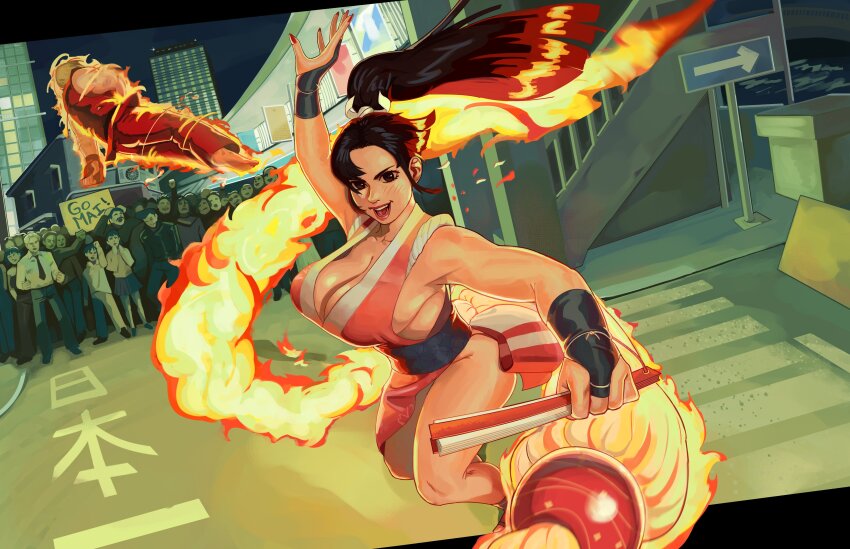 1boy 1girl absurdres battle black_hair breasts brown_eyes crowd fatal_fury fire folded_fan folding_fan hand_fan high_ponytail highres japanese_clothes jumboiiii ken_masters large_breasts motoyui open_mouth outdoors pelvic_curtain ponytail revealing_clothes sash shiranui_mai sideboob smile strap_gap street_fighter