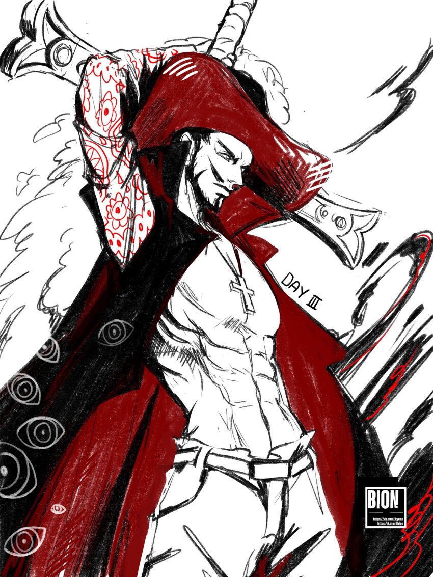 1boy abs beard commentary_request cowboy_shot cross_pendant dracule_mihawk facial_hair hat_feather highres holding holding_sword holding_weapon limited_palette long_coat long_sleeves looking_ahead male_focus mixed-language_commentary mustache one_piece onex1x simple_background solo sword weapon