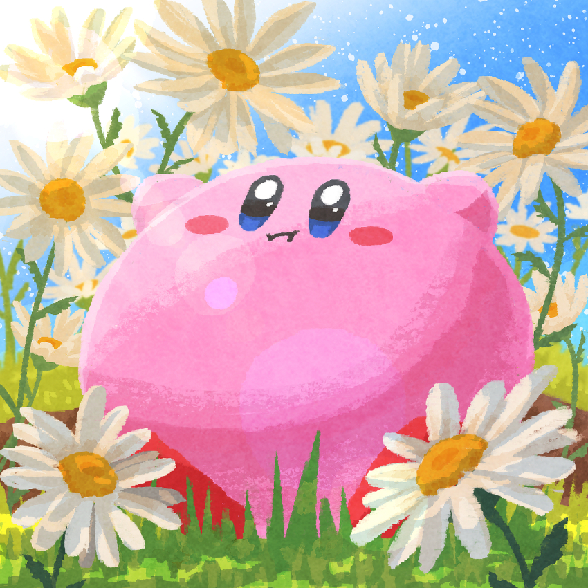 :i arms_up blue_eyes blue_sky blush blush_stickers closed_mouth cloud commentary_request day flower flower_request grass highres kirby kirby_(series) lens_flare miclot nintendo no_humans outdoors plant sitting sky solo sun sunlight white_flower