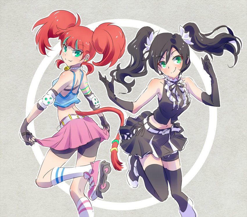 2girls alternate_costume alternate_hairstyle aqua_eyes black_hair cat_tail commentary_request highres iesupa multiple_girls navel neo_politan neon_katt orange_hair roller_skates rwby shorts skates tail twintails