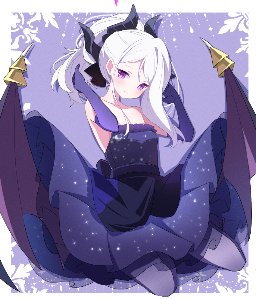 1girl bare_shoulders black_horns blue_archive blush border collarbone commentary_request dress elbow_gloves gloves hand_in_own_hair hands_up highres hina_(blue_archive) hina_(dress)_(blue_archive) horns long_hair looking_at_viewer multiple_horns official_alternate_costume official_alternate_hairstyle purple_background purple_dress purple_eyes purple_gloves sasanoha_(sasanoha0712) sitting smile solo strapless strapless_dress white_border white_hair