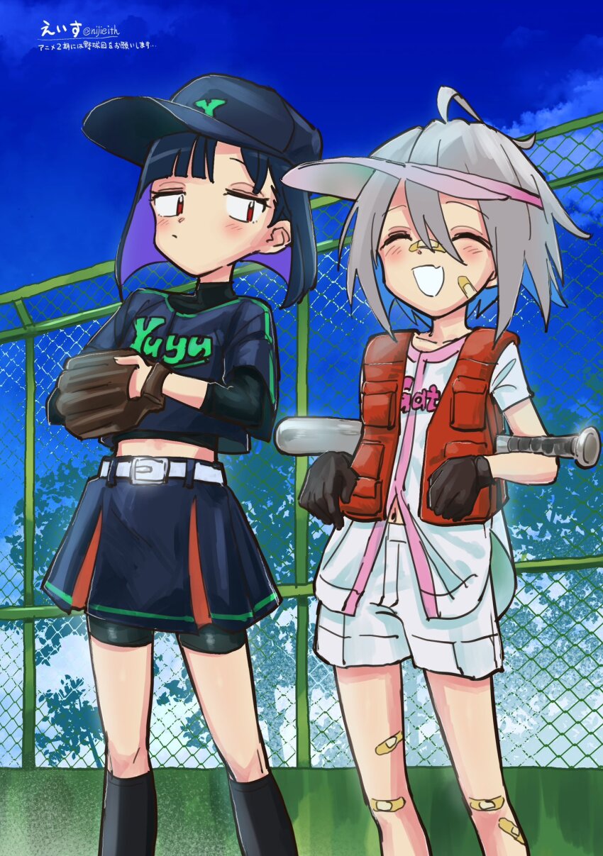 2girls bandaid bandaid_on_cheek bandaid_on_face bandaid_on_knee bandaid_on_leg bandaid_on_nose baseball_bat baseball_cap baseball_field baseball_glove baseball_jersey baseball_uniform belt bike_shorts black_hair blush colored_inner_hair do_it_yourself!! eisu_(eith) fang grey_hair hair_between_eyes hat highres holding holding_baseball_bat jersey messy_hair midriff multicolored_hair multiple_girls navel short_hair shorts skin_fang sportswear suride_miku white_mouth yua_serufu