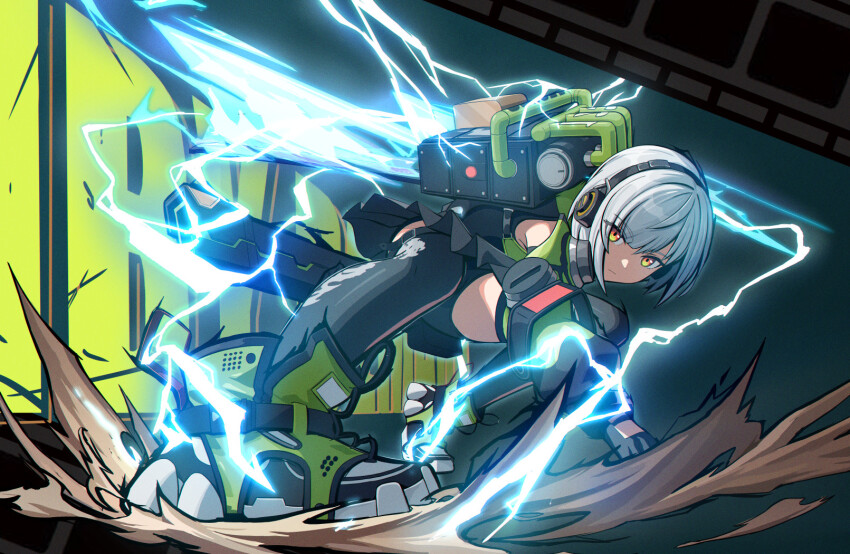 anby_demara bare_shoulders black_thighhighs detached_sleeves dynamic_pose electricity foreshortening grey_hair hair_ornament headphones heeyan highres holding holding_sword holding_weapon incoming_attack jacket long_sleeves looking_at_viewer orange_eyes short_hair skirt sword thighhighs weapon zenless_zone_zero