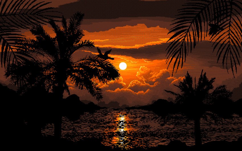 anas_abdin animated animated_gif artist_name bird cloud flare flying highres horizon looping_animation no_humans ocean orange_sky original outdoors palm_tree pixel_art scenery sky sun sunset tree twitter_username water