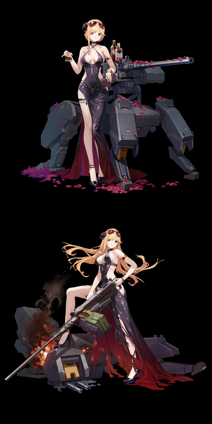 1girl absurdres alcohol ammunition_box black_background blonde_hair bracelet browning_m2 criss-cross_halter cup dress drinking_glass earrings evening_gown fire full_body girls&#039;_frontline gold_armlet gold_bracelet gun hair_ornament halterneck heavy_machine_gun high_heels highres holding holding_cup holding_gun holding_wallet holding_weapon jewelry long_hair looking_at_viewer m2hb_(girls&#039;_frontline) machine_gun multiple_views non-humanoid_robot official_alternate_costume official_art petals red_eyes robot robot_animal robot_dog smoke solo standing standing_on_object sunglasses torn_clothes torn_dress wallet weapon women&#039;s_wallet yitiao_er-hua