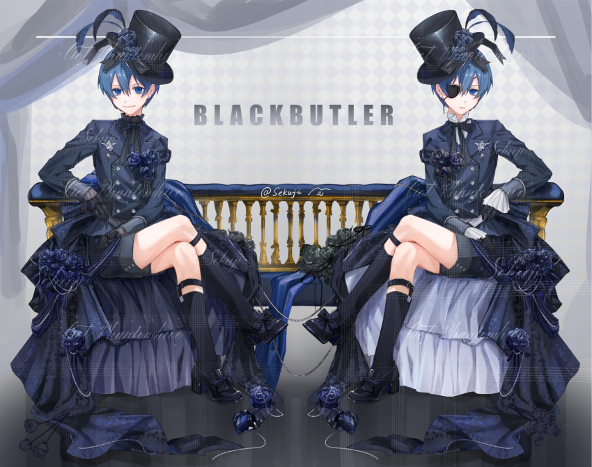 2boys argyle_background badge bishounen black_footwear black_gloves black_hat black_ribbon black_socks blue_flower blue_hair blue_jacket buttons character_name ciel_phantomhive ciel_phantomhive&#039;s_brother closed_mouth copyright_name crossed_legs curtains dark_blue_hair earrings expressionless eyepatch flower frilled_sleeves frills gloves hair_between_eyes hat hat_flower highres jacket jewelry kuroshitsuji looking_at_viewer male_focus multiple_boys neck_ribbon ribbon sekuji short_hair siblings signature sitting smile socks thigh_strap top_hat twins