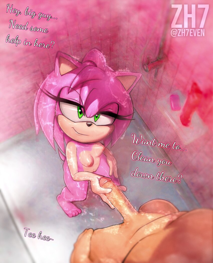 abs amy_rose bare_legs barefoot bath bathing bathing_together cleaning completely_nude english_text eyelashes feet flat_chest furry furry_with_non-furry giggling glans green_eyes half-closed_eyes highres imminent_masturbation interspecies legs long_eyelashes looking_at_viewer looking_up looking_up_at_viewer medium_hair naughty_face nipples nude older_man_and_younger_girl penis petite pink_fur pink_hair pov pussy seductive_smile sega shampoo shampoo_bottle shower_scene showering showering_together size_difference small_nipples smile soap sonic_(series) tail talking toes water wet zh7even