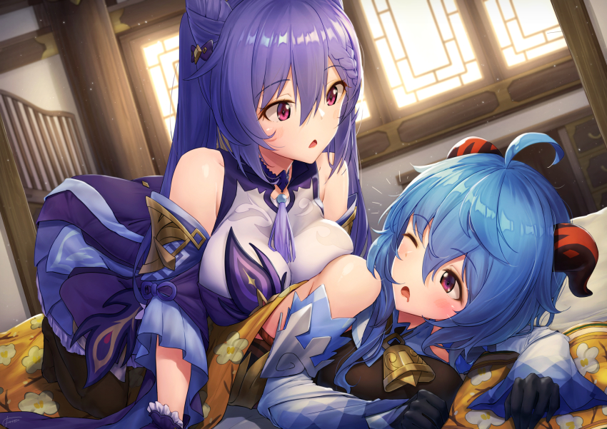 2girls ahoge all_fours bare_shoulders bed_sheet bell bent_over black_pantyhose blue_hair blush bow braid breast_press breasts choker cowbell detached_sleeves double_bun dress frilled_sleeves frills ganyu_(genshin_impact) genshin_impact gloves hair_bow hair_bun hair_ornament hairclip highres horns indoors keqing_(genshin_impact) large_breasts long_sleeves multiple_girls on_bed one_eye_closed open_mouth pantyhose purple_eyes purple_hair twintails window xfate yuri