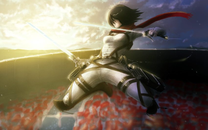 1girl amrrr belt black_hair cloud dual_wielding female_focus highres holding holding_weapon mikasa_ackerman outdoors scarf scenery shingeki_no_kyojin sky solo sun sword thigh_strap three-dimensional_maneuver_gear twilight weapon