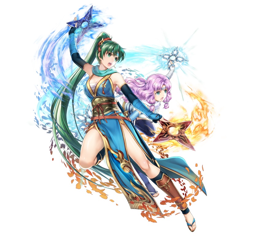 2girls absurdres bare_shoulders breasts circlet commentary_request dual_wielding earrings elbow_gloves fingerless_gloves fire_emblem fire_emblem:_the_blazing_blade fire_emblem_heroes florina_(fire_emblem) full_body gloves green_eyes green_hair hair_ornament highres holding japanese_clothes jewelry leg_up long_hair looking_away lyn_(fire_emblem) medium_breasts multiple_girls ninja nintendo official_art open_mouth pelvic_curtain ponytail purple_hair sandals sheath sheathed shiny_skin shuriken shuriken_hair_ornament simple_background sleeveless sword thighs toes very_long_hair weapon white_background yamada_koutarou