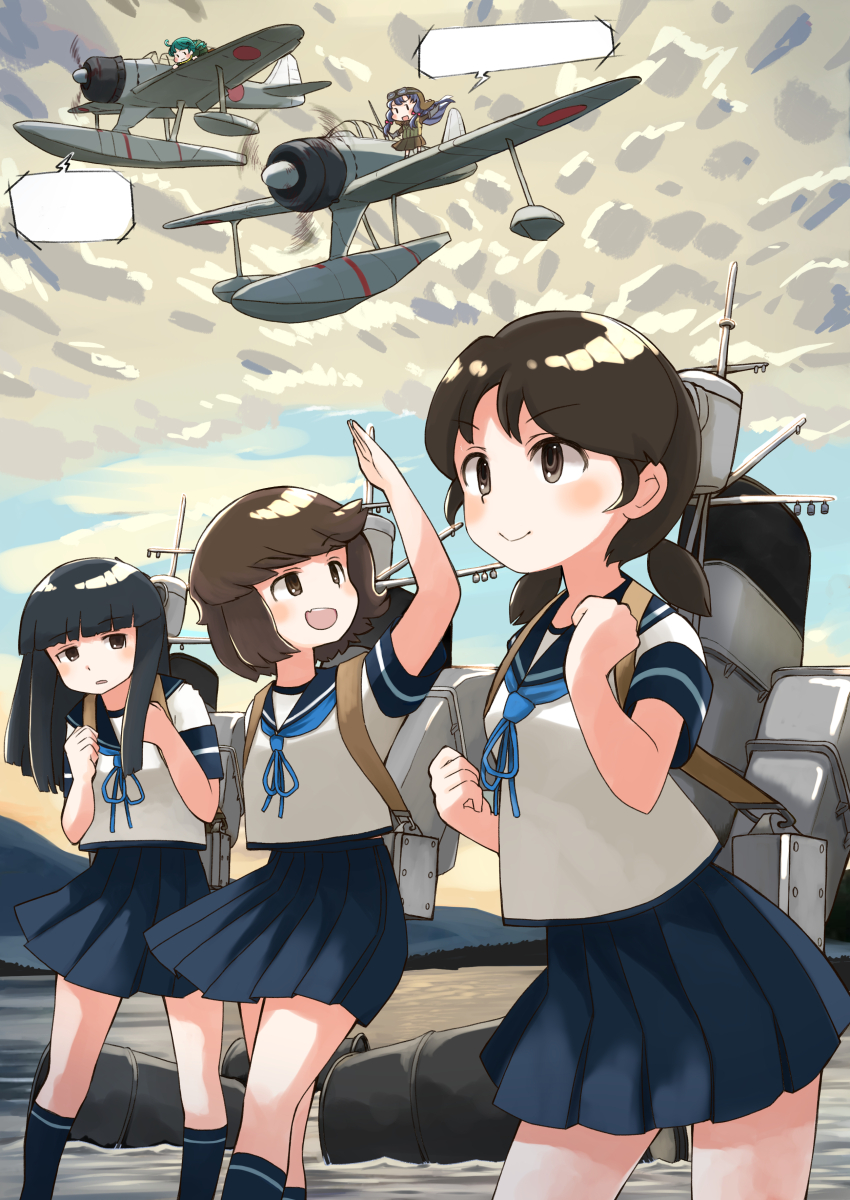 5girls a6m2-n absurdres aircraft airplane black_hair blue_sailor_collar blue_skirt blunt_bangs brown_eyes brown_hair commentary_request cowboy_shot fairy_(kancolle) feet_out_of_frame hatsuyuki_(kancolle) highres kantai_collection long_hair low_twintails machinery miyuki_(kancolle) multiple_girls open_mouth pleated_skirt sailor_collar school_uniform serafuku shirayuki_(kancolle) short_ponytail skirt smokestack socks toplow twintails type_2_seaplane_fighter wavy_hair