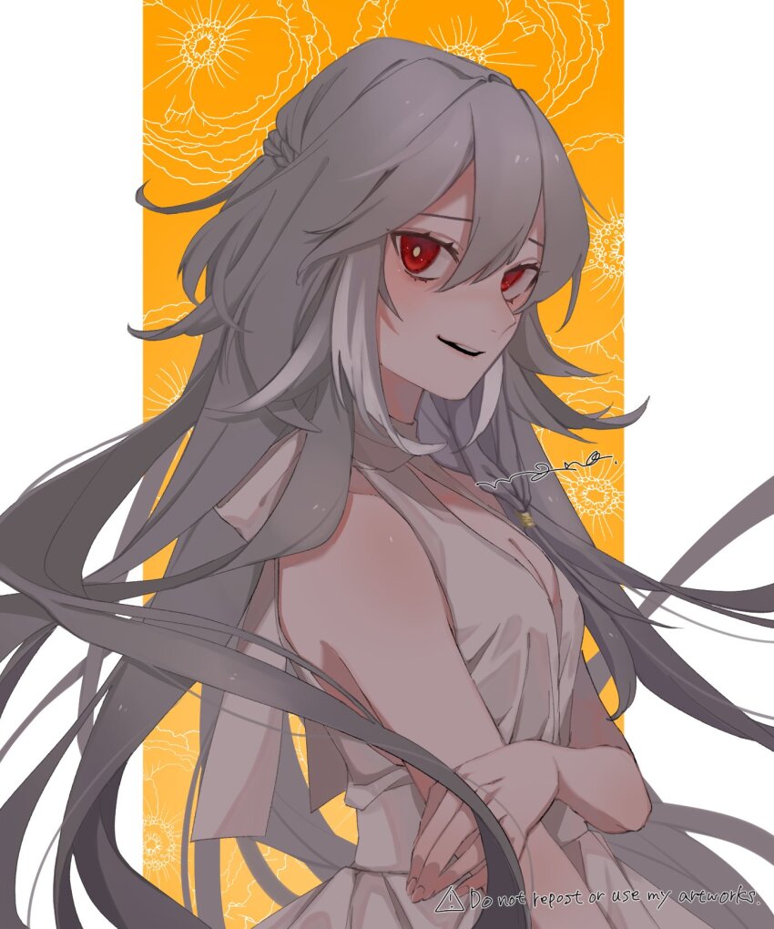 1girl breasts cleavage commentary dress from_side fu_hua fu_hua_(herrscher_of_sentience) grey_hair hair_between_eyes halter_dress halterneck hand_on_own_arm hashtag-only_commentary highres honkai_(series) honkai_impact_3rd long_hair looking_at_viewer multicolored_hair open_mouth red_eyes rwj6l solo two-tone_background two-tone_hair very_long_hair white_background white_dress white_hair yellow_background