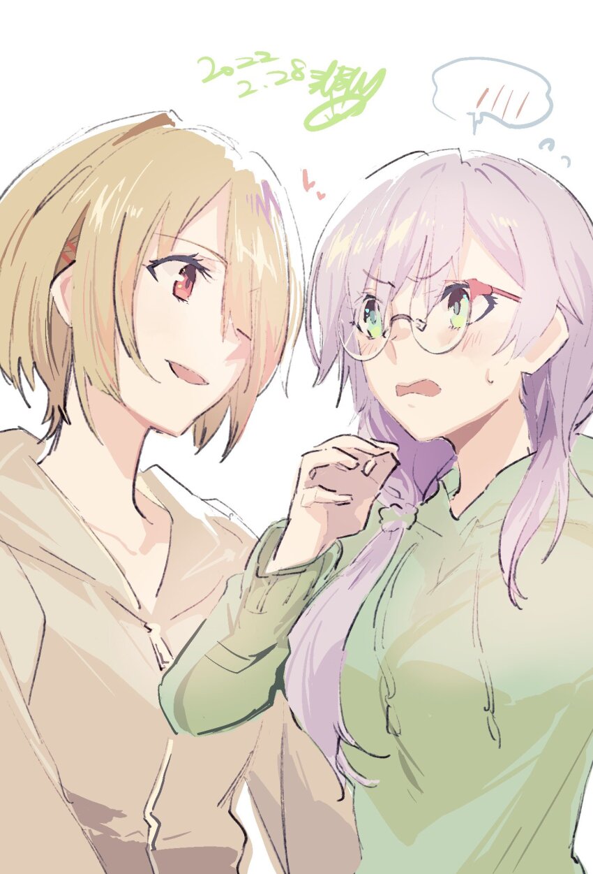 2girls blonde_hair glasses green_eyes grey_hair hair_ornament hair_over_one_eye hair_over_shoulder heaven_burns_red highres izumi_yuki_(heaven_burns_red) kayamori_ruka long_hair long_sleeves low-tied_long_hair mirumiru multiple_girls pajamas red_eyes round_eyewear short_hair yuri