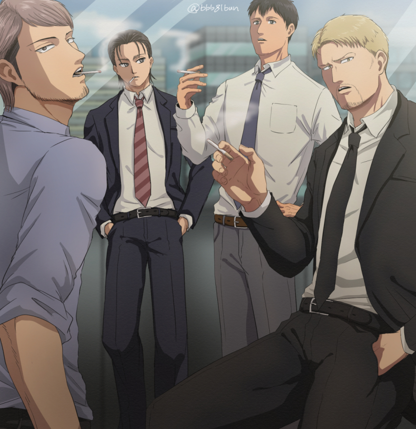 4boys aged_up alternate_costume alternate_universe bad_id bad_pixiv_id bertolt_hoover black_necktie black_pants blue_necktie bun_(bbb81bun) cigarette eren_yeager facial_hair feet_out_of_frame goatee jean_kirstein looking_at_viewer male_focus multiple_boys necktie pants pectorals red_necktie reiner_braun salaryman shingeki_no_kyojin short_hair smoke smoking standing thick_thighs thighs