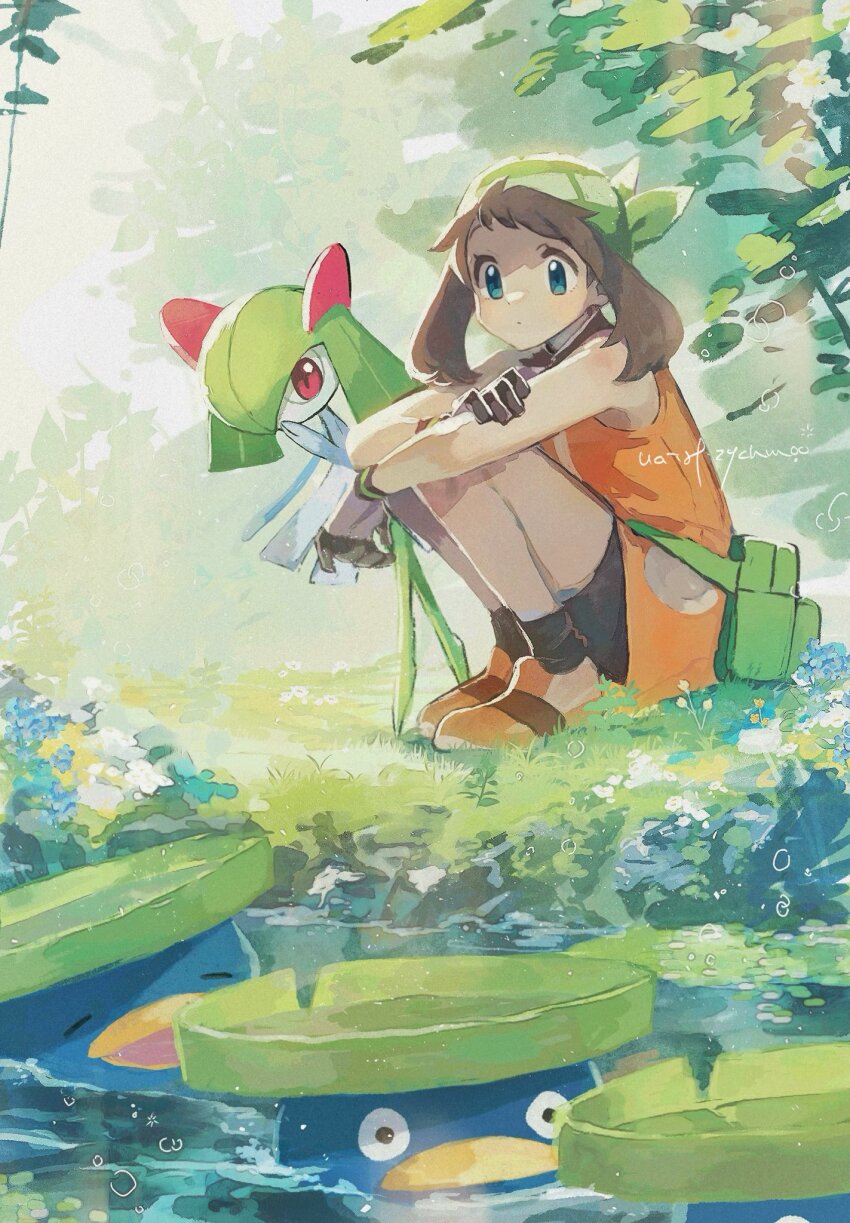 1girl 1other bandana black_shorts blue_eyes brown_hair creatures_(company) game_freak gen_3_pokemon green_bandana hanenbo highres kirlia long_hair lotad may_(pokemon) nature nintendo orange_shirt outdoors pokemon pokemon_(creature) pokemon_emerald pokemon_rse shirt shorts