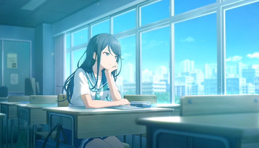 1girl bag black_bag black_eyes black_hair blue_sailor_collar blue_skirt blurry book bulletin_board chair cityscape classroom collarbone colorful_palette depth_of_field desk green_neckerchief hand_on_own_chin happy_enjoy_music!_(project_sekai) highres hoshino_ichika_(project_sekai) light_frown long_hair looking_outside looking_to_the_side neckerchief official_art pencil pencil_case pleated_skirt project_sekai sailor_collar school_bag school_chair school_desk school_uniform shirt sidelocks sitting skirt solo swept_bangs third-party_source white_shirt