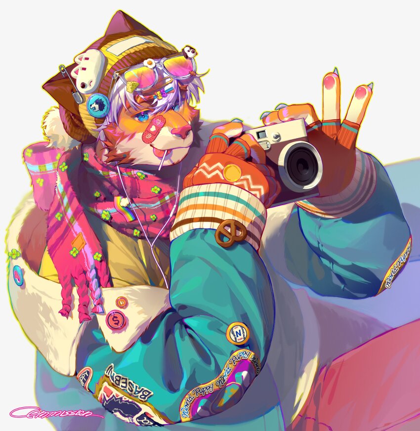 1boy absurdres bara blue_eyes buttons camera claws dongbomu fingerless_gloves food furry furry_male gloves green_hoodie high_detail highres holding holding_camera hood hoodie looking_at_viewer orange_fur original pawpads popsicle scarf sticker sunglasses tiger_boy tongue tongue_out