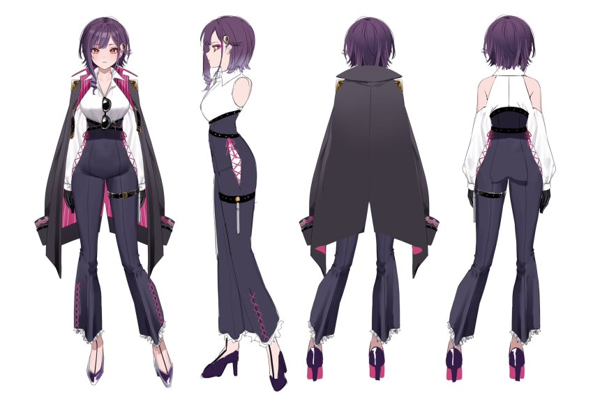 1girl armpit_crease arms_at_sides asymmetrical_hair bare_shoulders belt black_belt black_gloves breasts character_sheet chigusa_minori cleavage clothing_cutout coat coat_on_shoulders collarbone collared_shirt commentary contrapposto covered_groin covered_navel cross-laced_clothes english_commentary eyeshadow eyewear_hang frilled_pants frills from_behind from_side full_body gloves grey_coat hair_behind_ear hair_intakes hair_ornament high-waist_pants high_heels highres hip_vent large_breasts long_sleeves looking_at_viewer makeup multiple_views official_art open_collar pants parted_lips pink_eyeshadow profile purple_footwear purple_hair purple_pants ringlets second-party_source shirt shirt_tucked_in short_hair shoulder_cutout sidelocks simple_background specialite_(company) specialite_en standing stiletto_heels straight-on sunglasses swept_bangs thick_eyelashes thigh_belt thigh_strap two-sided_coat two-sided_fabric unworn_eyewear valerie_victoria virtual_youtuber white_background white_shirt yellow_eyes