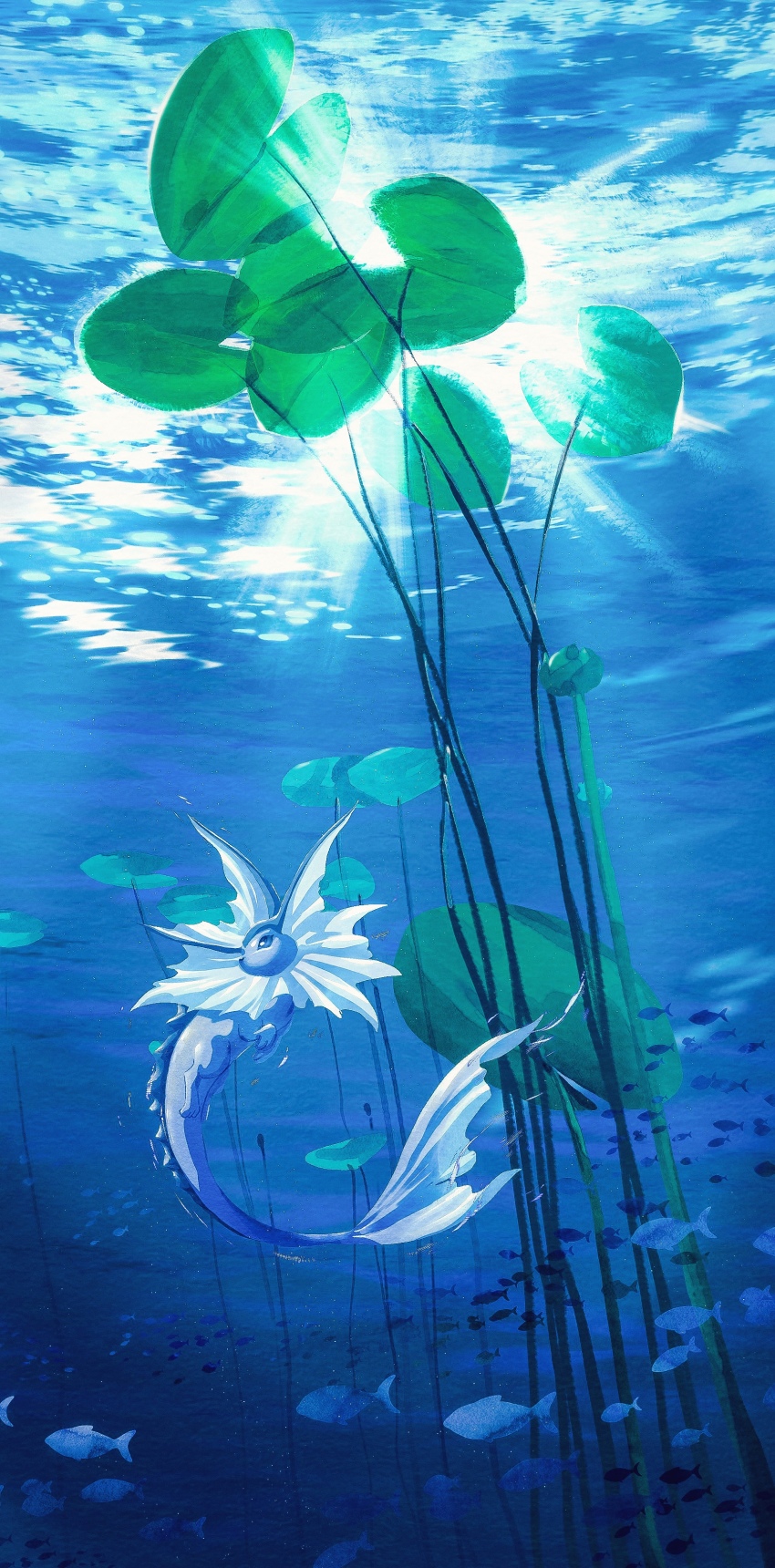 absurdres blue_eyes blue_theme creatures_(company) fish game_freak gen_1_pokemon highres light_rays lily_pad looking_to_the_side nintendo no_humans plant pokemon pokemon_(creature) shank underwater vaporeon water