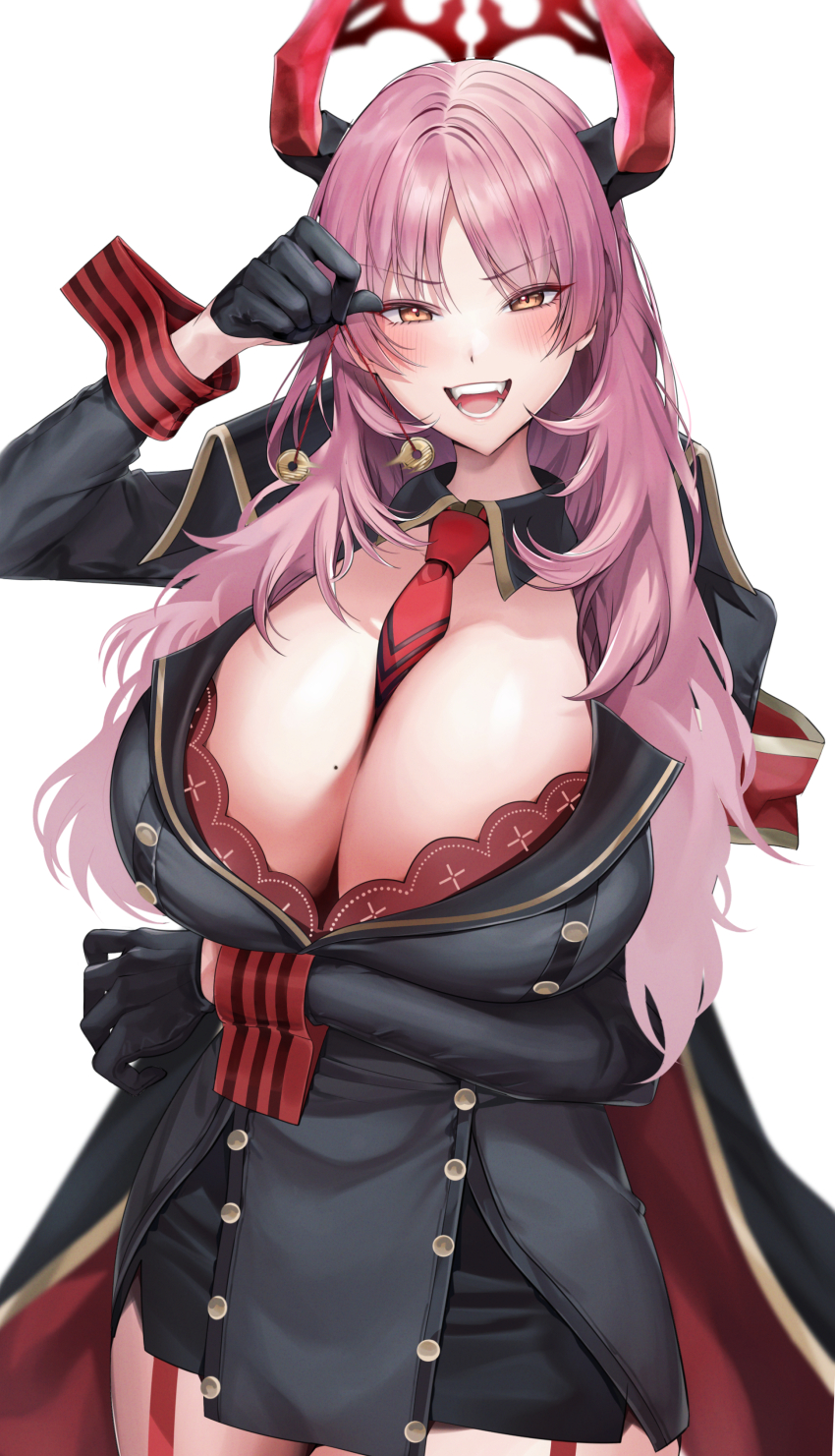 1girl absurdres arm_under_breasts between_breasts black_gloves blue_archive blush breasts brown_eyes gloves halo highres holding horns large_breasts long_hair long_sleeves looking_at_viewer mole mole_on_breast necktie open_mouth pink_hair pol_winner red_garter_straps red_necktie satsuki_(blue_archive) simple_background smile solo white_background