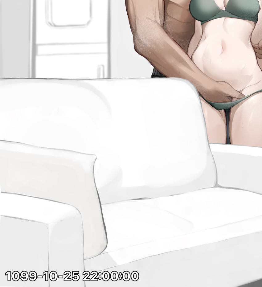 1boy 1girl absurdres arknights bra breasts cleavage commentary_request couch fingering green_bra green_panties hetero highres indoors medium_breasts navel panties tab_head texas_(arknights) underwear underwear_only