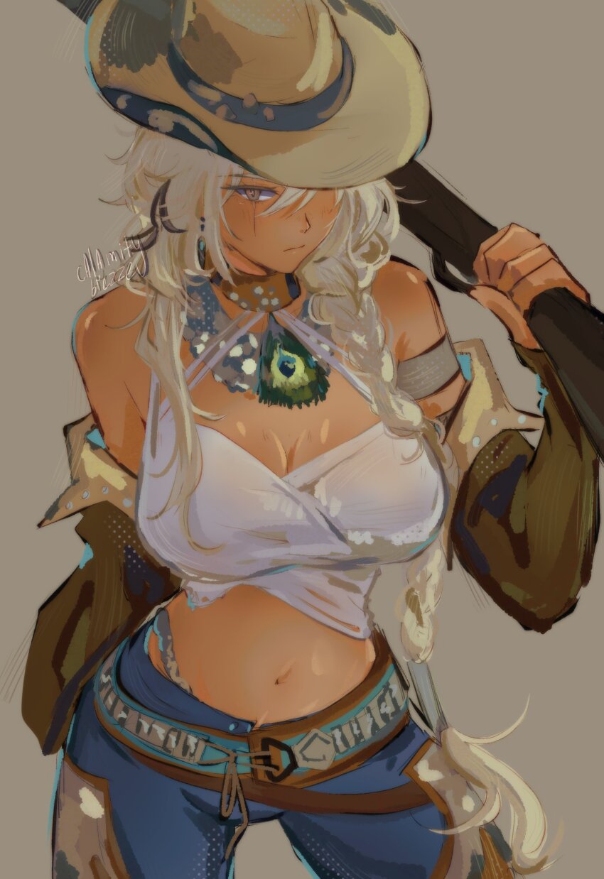 1girl absurdres argus_(reverse:1999) armlet artist_name bare_shoulders blue_pants breasts brown_choker brown_hat brown_sleeves calamity_brezze chaps choker cleavage closed_mouth commentary cowboy_hat english_commentary grey_background gun hair_between_eyes hair_over_shoulder hat hat_over_one_eye highres holding holding_gun holding_weapon jewelry large_breasts long_braid navel over_shoulder pants panty_straps peacock_feathers reverse:1999 scar scar_across_eye solo tan tank_top weapon weapon_over_shoulder white_tank_top