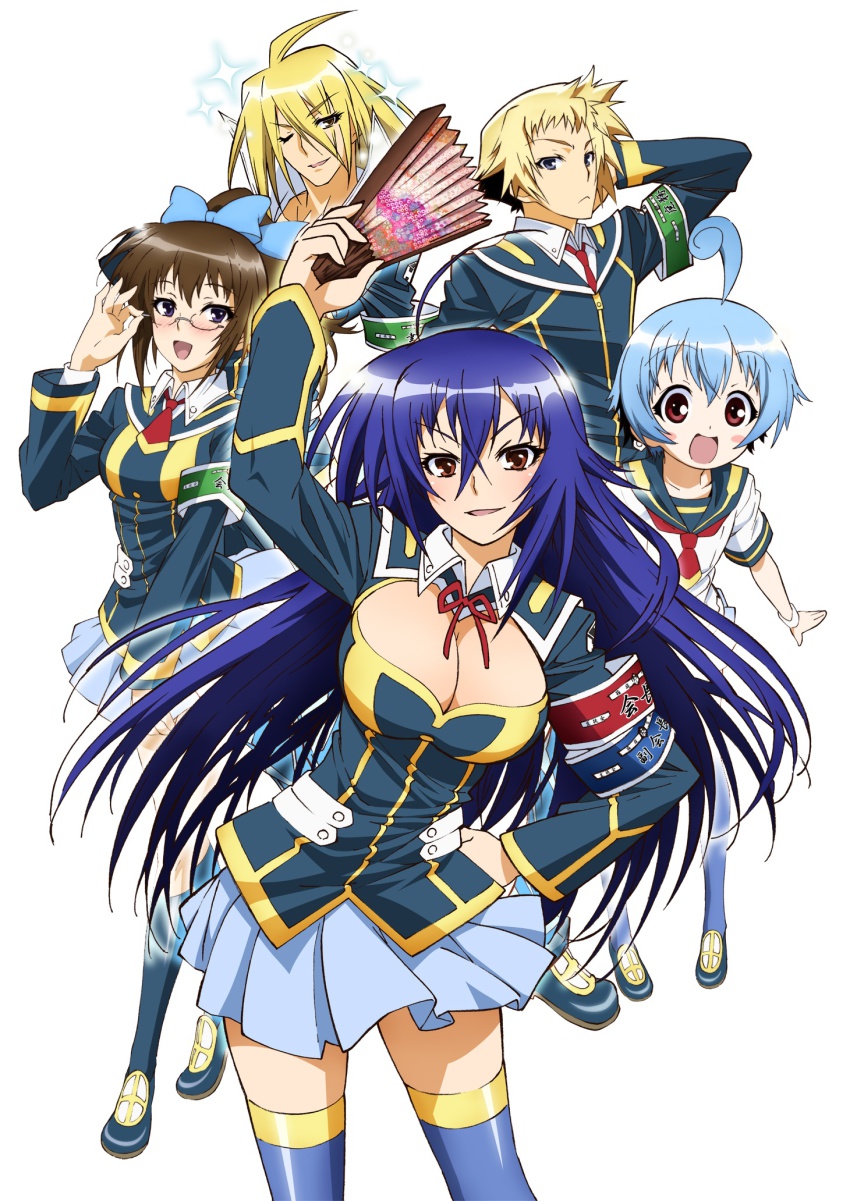 2boys 3girls ahoge akune_kouki armband blonde_hair blue_eyes blue_hair bow breasts brown_eyes brown_hair cleavage glasses highres hitoyoshi_zenkichi kikaijima_mogana kurokami_medaka medaka_box multiple_boys multiple_girls necktie official_art purple_eyes school_uniform shiranui_hansode smile