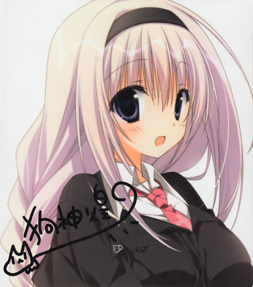 1girl :d black_hairband black_jacket blue_eyes braid breasts collared_shirt cross cross_print hair_between_eyes hairband highres hikawa_rina inugami_kira jacket juliet_sleeves large_breasts long_hair long_sleeves looking_at_viewer necktie open_mouth portrait puffy_sleeves red_necktie sakura_no_uta school_uniform shirt signature simple_background smile solo straight_hair twin_braids white_background white_hair white_shirt wing_print