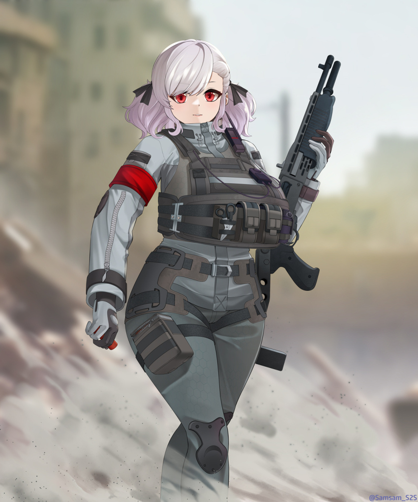 1girl alternate_costume armband artist_name black_gloves black_ribbon blurry blurry_background bulletproof_vest combat_shotgun commentary commission cowboy_shot dual-mode_shotgun english_commentary girls&#039;_frontline girls&#039;_frontline_2:_exilium gloves grey_gloves grey_hair grey_jacket grey_pants gun hair_ribbon highres holding holding_gun holding_weapon jacket looking_at_viewer medium_hair pants parted_lips pouch pump-action_shotgun pump_action red_armband red_eyes ribbon ruins sabrina_(girls&#039;_frontline_2) samsam_s2s scissors semi-automatic_shotgun shotgun solo spas-12 spas-12_(girls&#039;_frontline) twitter_username two-tone_gloves weapon