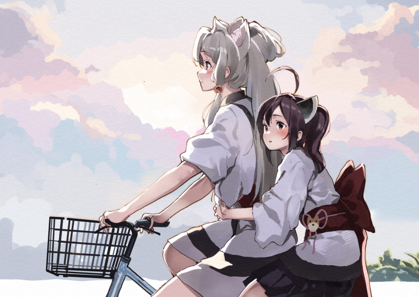 2girls ahoge animal_ear_fluff animal_ears bicycle bicycle_basket black_skirt brown_eyes brown_hair cloud cloudy_sky commentary_request from_side grey_hair headgear japanese_clothes kimono lamb_(hitsujiniku) long_hair long_sleeves multiple_girls obi pleated_skirt profile red_eyes sash short_sleeves skirt sky touhoku_itako touhoku_kiritan twintails very_long_hair voiceroid white_kimono wide_sleeves