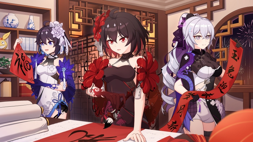 1girl absurdres aged_up bare_shoulders black_dress black_flower black_gloves black_hair blue_eyes blue_hair body_writing breasts bright_pupils bronya_zaychik bronya_zaychik_(silverwing:_n-ex) broseele chinese_clothes chinese_new_year cleavage closed_mouth commentary_request dress drill_hair fireworks flower gloves grey_eyes grey_hair hair_between_eyes hair_flower hair_ornament highres holding honkai_(series) honkai_impact_3rd jewelry large_breasts long_hair multicolored_hair multiple_girls new_year open_mouth parchment ponytail purple_dress red_eyes red_hair scroll seele_(alter_ego) seele_vollerei seele_vollerei_(mirrored_flourishes) seele_vollerei_(stygian_nymph) short_hair sleeveless sleeveless_dress smile thighhighs two-tone_hair white_dress