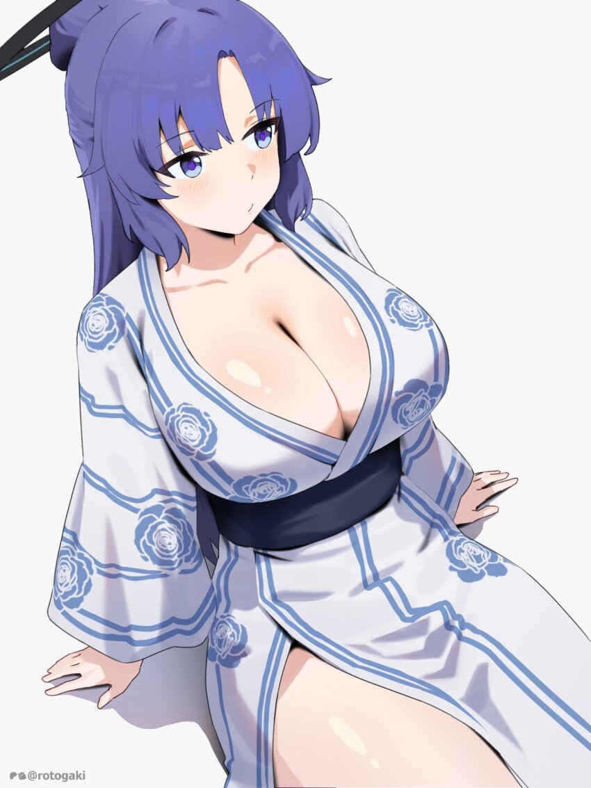 1girl arm_support asymmetrical_bangs black_halo blue_archive blue_eyes blue_hair blush breasts closed_mouth collarbone floral_print from_above halo highres japanese_clothes kimono large_breasts long_hair looking_to_the_side patreon_username rotogaki simple_background sitting solo thighs white_background white_kimono yuuka_(blue_archive)