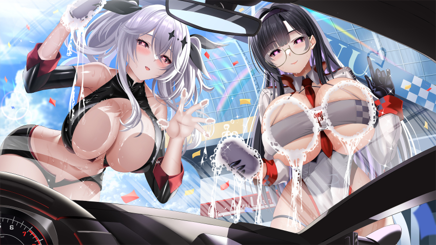 2girls against_glass azur_lane bare_shoulders bent_over black_gloves black_hair black_shorts blue_sky breast_press breast_strap breasts breasts_on_glass car_interior center_opening cleavage closed_mouth crop_top detached_sleeves dupleix_(azur_lane) dupleix_(final_check)_(azur_lane) glasses gloves hair_between_eyes hand_on_glass heart heart-shaped_pupils highres huge_breasts joffre_(azur_lane) joffre_(blessings&#039;_first_flight)_(azur_lane) leotard long_hair looking_at_viewer looking_inside micro_shorts mole mole_under_eye multiple_girls official_alternate_costume open_mouth purple_eyes race_queen rear-view_mirror red_eyes shorts sky smile symbol-shaped_pupils twintails very_long_hair washing_vehicle white_leotard yuuzuki_hijiri