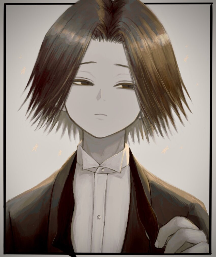 1boy adjusting_clothes adjusting_necktie aota_uno black_eyes black_hair black_suit expressionless feitan_portor formal_clothes highres hunter_x_hunter looking_to_the_side male_focus medium_hair necktie solo suit undone_necktie upper_body