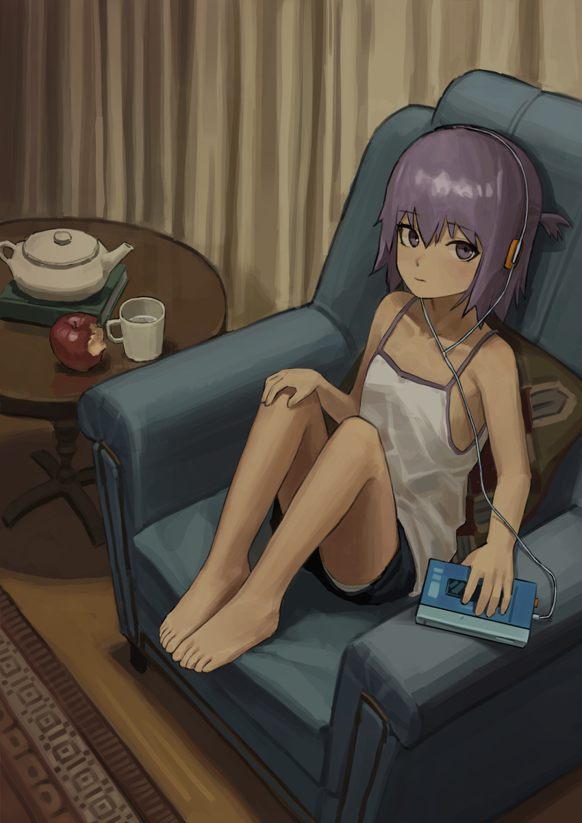 1girl absurdres an_yb apple armchair bare_arms bare_shoulders barefoot black_shorts book camisole chair closed_mouth couch cup expressionless feet feet_on_chair food fruit full_body headphones highres holding indoors knees_up looking_at_viewer mug original purple_eyes purple_hair short_hair short_shorts shorts sitting solo table teapot toes