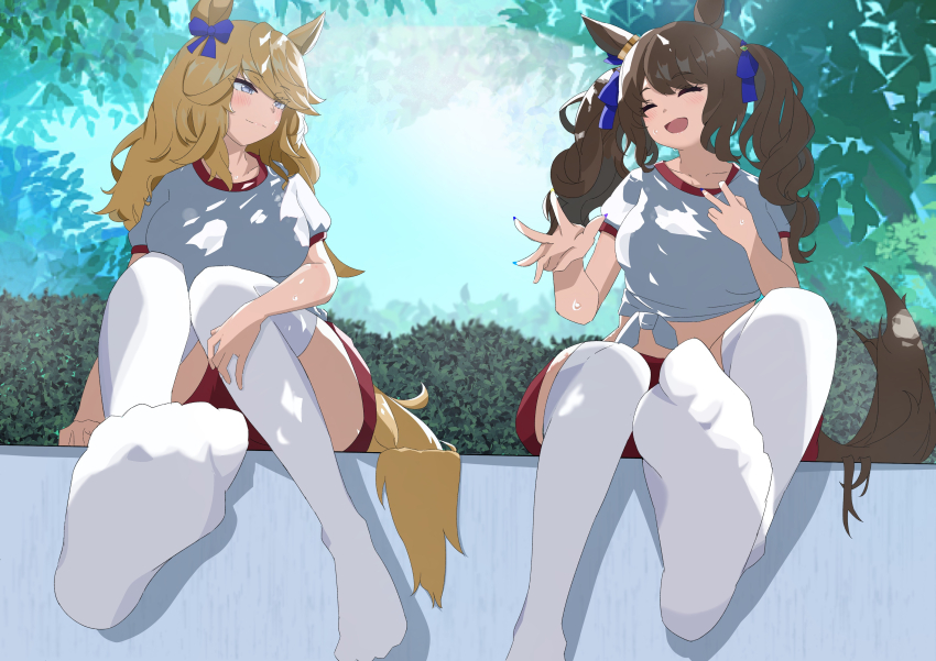 2girls absurdres alternate_costume animal_ears blonde_hair blue_eyes blush breasts brown_hair bush closed_eyes commentary_request ekazawa_sdvx feet female_focus fingernails foot_focus gold_city_(umamusume) grass highres horse_ears horse_girl horse_tail leaf looking_at_another medium_breasts midriff multiple_girls no_shoes open_mouth ribbon shirt shorts soles sports_uniform t-shirt tail thighhighs tosen_jordan_(umamusume) tree twintails umamusume