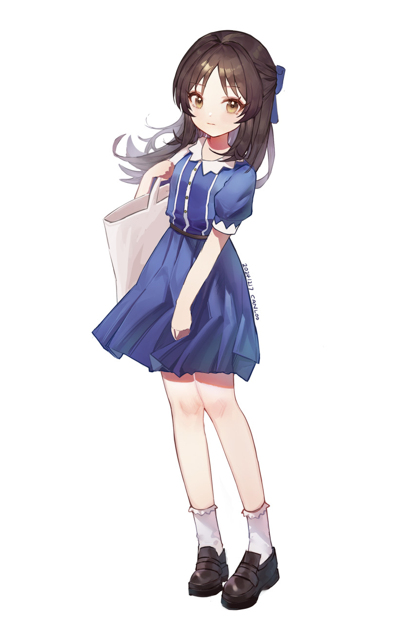 1girl absurdres b2w bag blue_shirt blue_skirt bobby_socks brown_footwear commentary full_body half_updo highres idolmaster idolmaster_cinderella_girls loafers long_hair looking_at_viewer puffy_short_sleeves puffy_sleeves shirt shoes short_sleeves simple_background skirt socks solo symbol-only_commentary tachibana_arisu tote_bag very_long_hair white_background white_bag white_socks